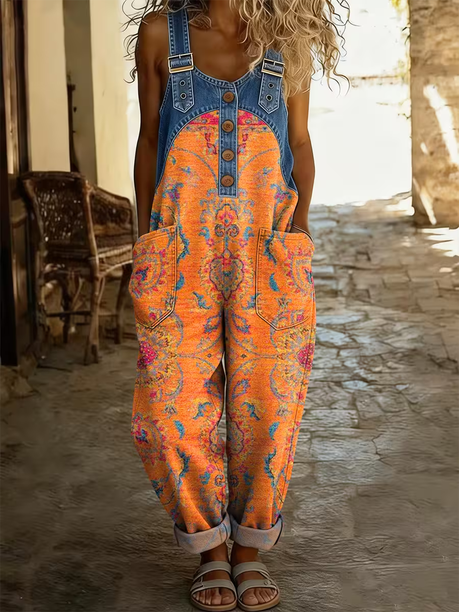 Women's Retro Ethnic Art Print Casual Sleeveless Denim Patchwork Jumpsuit