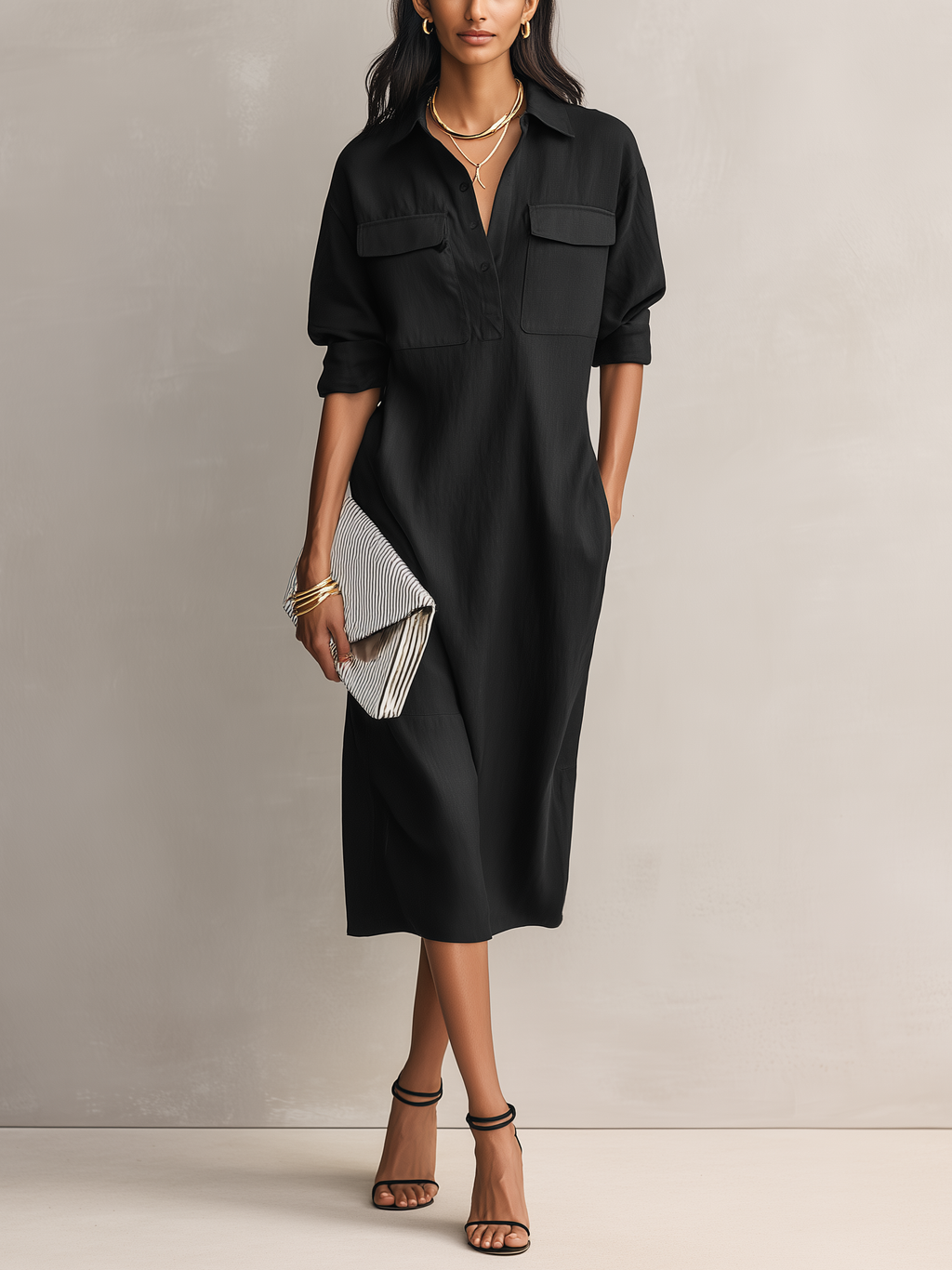 Shirt Collar Cotton-Linen Midi Dress