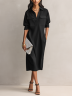 Shirt Collar Cotton-Linen Midi Dress