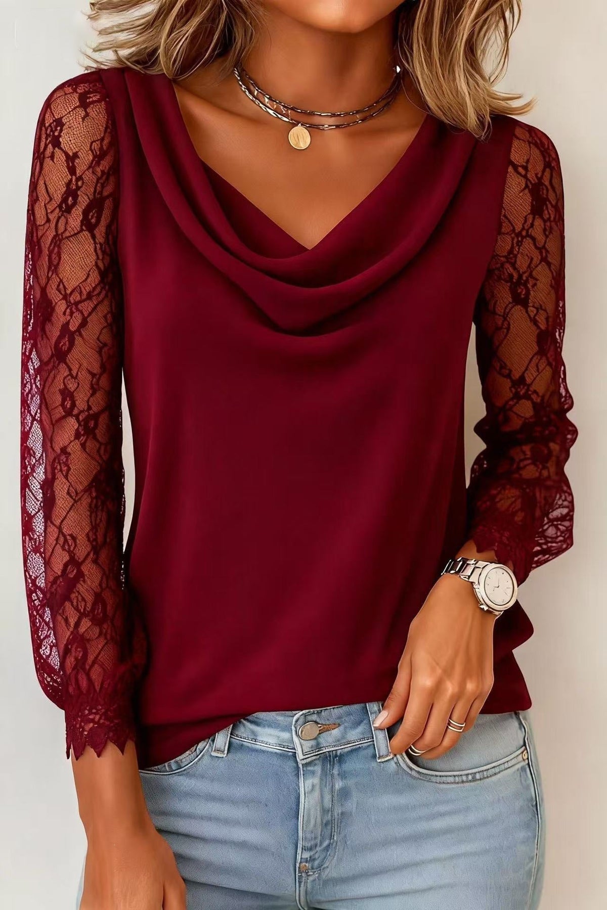 Lightweight Cotton-blend Top With Elegant Layered Collar And Lace Paneling