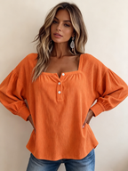 Cozy Chic Textured Orange Corduroy Square-neck Blouse