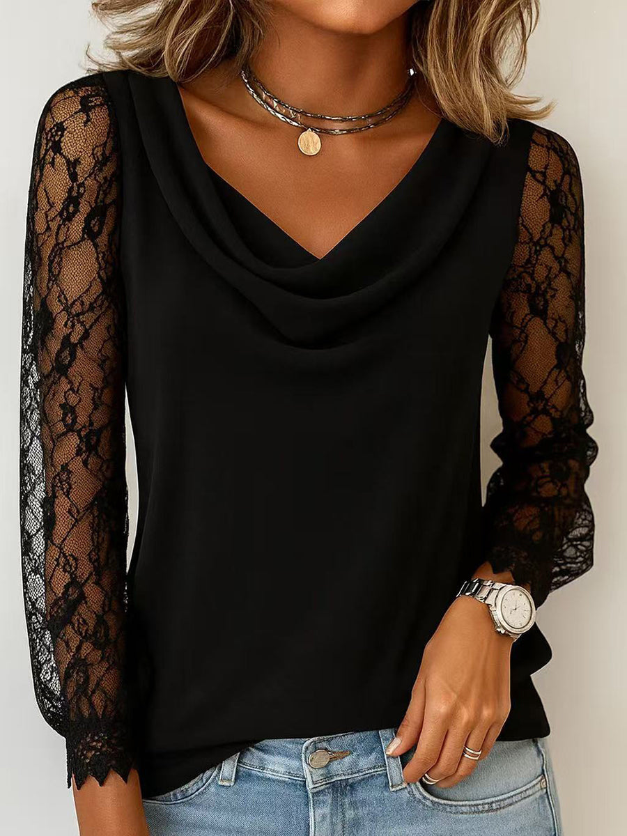 Lightweight Cotton-blend Top With Elegant Layered Collar And Lace Paneling